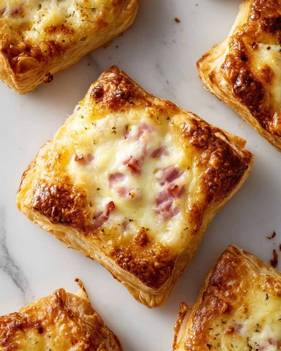 A golden brown pastry with a thick, crispy crust is shown close-up on a white marbled surface. The top layer is shiny and textured with melted cheese and small bits of reddish ham visible inside the layers. The pastry’s edges are puffed and flaky, showing multiple layers of baked dough. The overall look is warm and inviting, highlighting the contrast between the crispy crust and the softer cheese filling inside. Photo taken with an iphone --ar 4:5 --v 7