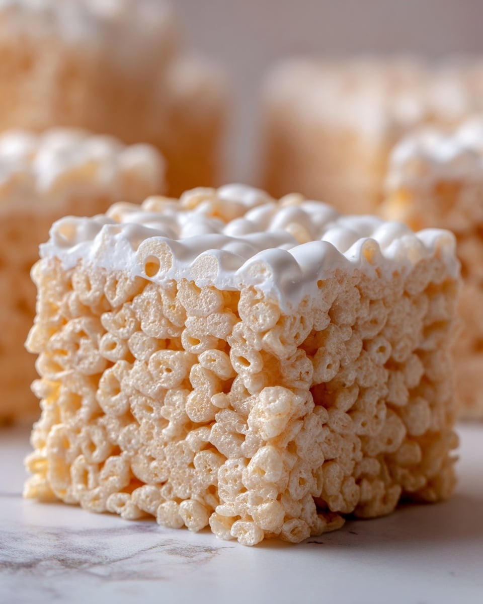 The image shows a close-up of a single square bar made of puffed rice cereal mixed with melted marshmallows. The bar has two layers mainly made of a light tan puffed rice texture, with a glossy, sticky white marshmallow coating that binds the cereal together. The top surface is uneven and bumpy with small clusters of puffed rice sticking out, while the sides reveal the compacted layers of the cereal and marshmallow mix. The bar is placed on white parchment paper that lays on a white marbled surface, with a blurred similar bar in the background. photo taken with an iphone --ar 4:5 --v 7