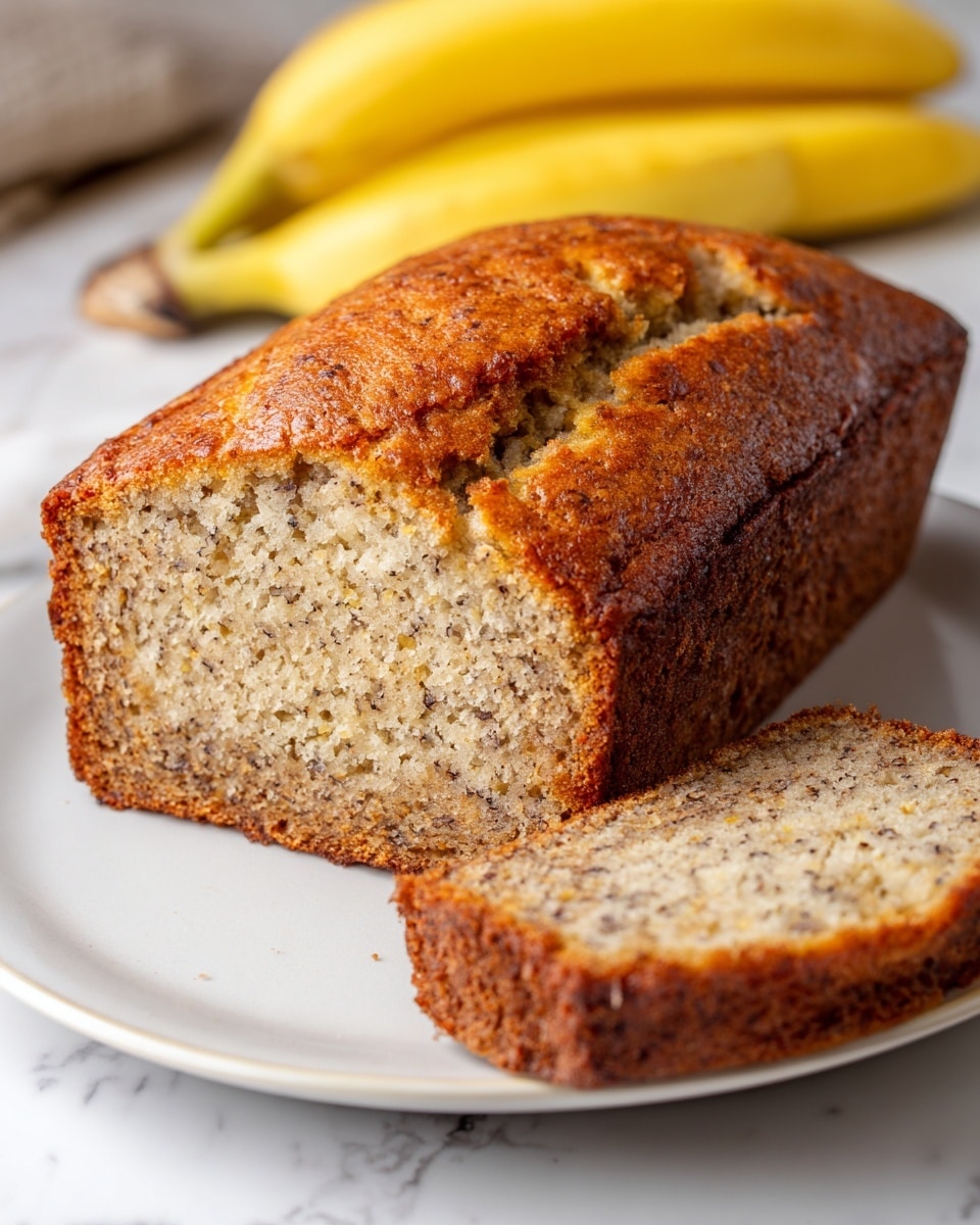 A loaf of banana bread with a deep golden brown crust and a moist, dense inside speckled with tiny dark flecks from the bananas, sliced to show the soft texture inside. The bread sits on a white plate, placed on a wooden surface with a bunch of bananas blurred in the background. The lighting highlights the crunchy top and the detailed crumb structure inside. Photo taken with an iphone --ar 4:5 --v 7