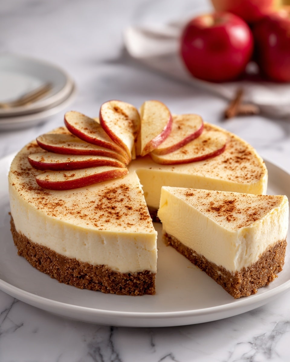 A round cheesecake with a thick, crumbly brown crust on the bottom and sides, creamy pale yellow filling in the middle, and topped with a layer of thinly sliced apples arranged in a fanned circular pattern. The apple slices are lightly dusted with cinnamon powder giving them a warm golden-brown color, and the cheesecake has a slightly textured surface from the spices. A single slice is removed, showing the smooth, dense cream layer inside. It sits on a white plate on a white marbled surface with two red apples blurred in the background. photo taken with an iphone --ar 4:5 --v 7