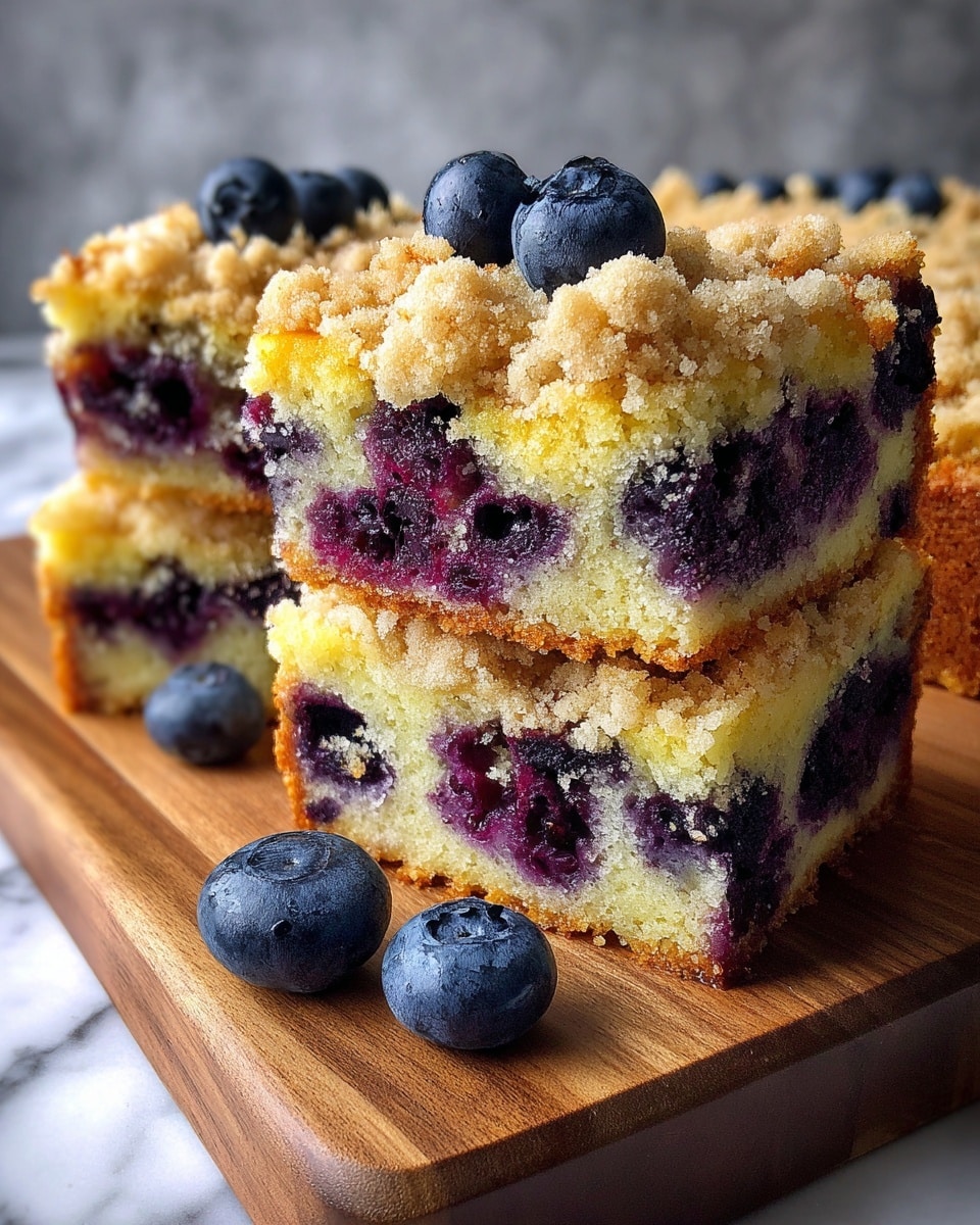 A loaf of blueberry crumb cake sits on a wooden board against a white marbled background. The cake has three visible layers: the bottom and middle are light yellow, moist cake with scattered dark purple blueberries inside. The top layer is a golden-brown crumb topping with sprinkled sugar and whole blueberries, giving a rough, crunchy texture. A few blueberries rest in front of the cake on the board. The edges are browned and slightly crisp, contrasting with the soft inside. Photo taken with an iphone --ar 4:5 --v 7
