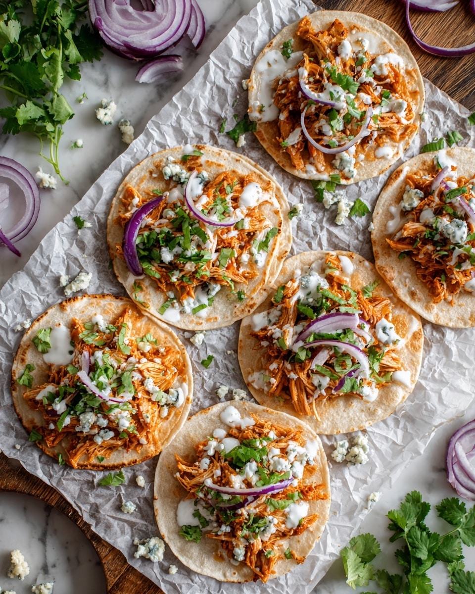 Five small white tortillas lie on crinkled white parchment paper that rests on a wooden board with a white marbled surface beneath. Each tortilla has a layer of shredded orange chicken topped with thin slices of purple-red onion rings, scattered small chunks of white cheese, and sprinkled green onion slices and fresh chopped green herbs. A light drizzle of creamy white sauce is spread unevenly across all the tortillas. Around the board, chopped green herbs and extra onion rings add a fresh touch. The scene feels bright and fresh. photo taken with an iphone --ar 4:5 --v 7