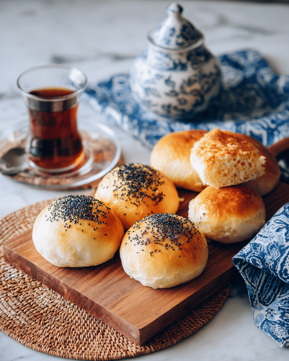 The image shows a wooden board placed on a white marbled surface with a round woven mat underneath. On the board, there are five golden brown baked buns sprinkled with black sesame seeds; three are round and positioned on the right side, and two are oval-shaped stacked slightly on the left. Above the board, there is a clear glass cup filled with dark tea on a matching clear saucer, with a small metal spoon resting on the saucer. A blue and white patterned cloth is partially visible under the glass cup on the right side. The photo taken with an iphone --ar 4:5 --v 7