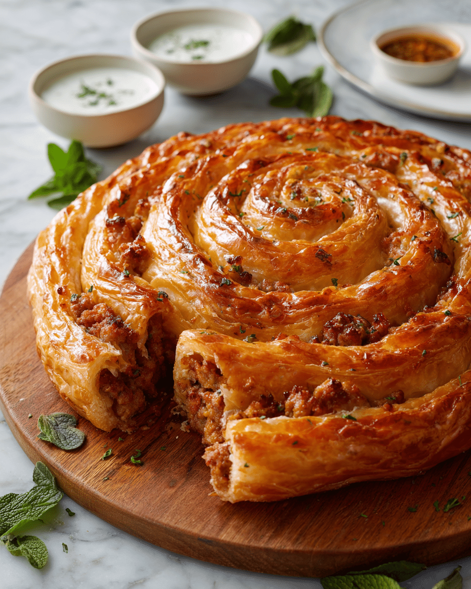 A spiral-shaped pastry with a shiny golden-brown crust sits on a round wooden board, with two slices cut out to show a rich filling of minced meat, small bits of red and green peppers inside. The pastry has many flaky layers on the outside that look crisp. Some fresh green parsley leaves are placed around on the board as garnish. In the background, small white bowls with different sauces can be seen on a white marbled surface. The lighting highlights the texture of the crispy crust and juicy filling, making the dish look fresh and ready to eat. photo taken with an iphone --ar 4:5 --v 7