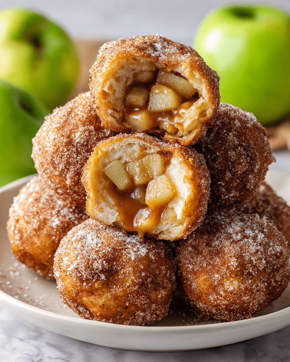 A white plate holds five caramel apple pie bombs stacked in a small pile. Each pie bomb has a golden-brown outer layer sprinkled with white sugar grains and a light dusting of cinnamon. One pie bomb on top is slightly open, showing sticky caramel sauce and small yellow apple pieces inside with a glossy texture. There are three green apples in the blurred background sitting on a white marbled surface, and another white plate with two more pie bombs partially visible behind the main plate. The overall scene has soft lighting and a clean, fresh look. photo taken with an iphone --ar 4:5 --v 7