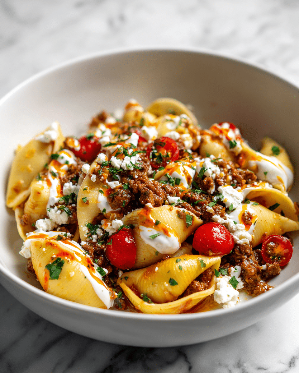 A white bowl with a light blue rim holds a layered pasta dish on a white marbled texture. The first layer is shell pasta which is light yellow with a smooth texture, spread evenly at the bottom. On top is a thick layer of creamy white yogurt with some orange oil drizzled around the edges. Above that, there is a generous amount of cooked ground meat mixed with finely chopped onions, giving a rich brown and slightly oily appearance. Cherry tomato halves, bright red and juicy, are placed evenly over the meat. Crumbled white cheese is scattered on top along with chopped green herbs that add freshness and color contrast. photo taken with an iphone --ar 4:5 --v 7