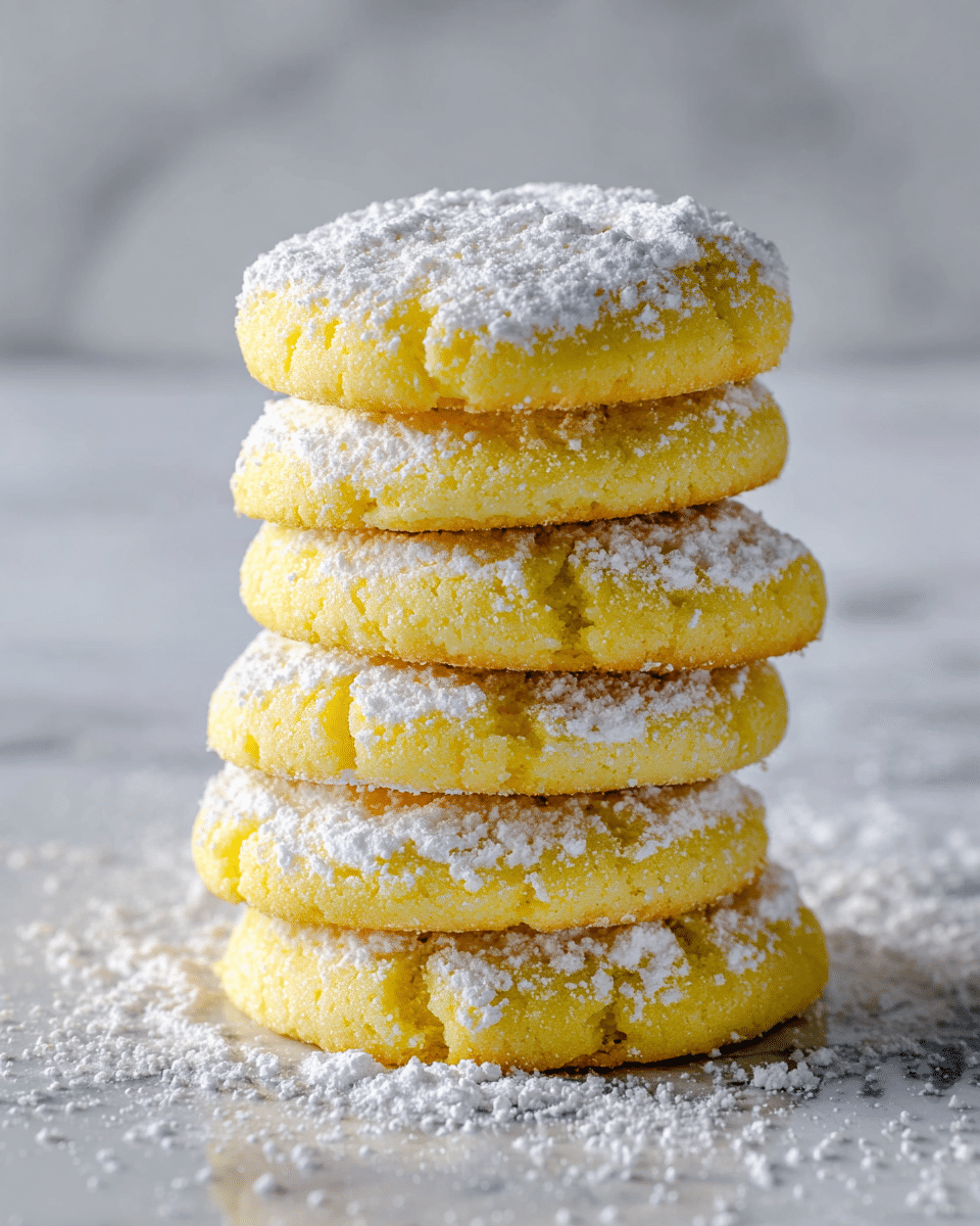 The image shows a stack of seven round, yellow cookies with a powdery white sugar layer on top. The cookies have a soft texture with slightly rough edges. They are placed on a white marbled surface with some powdered sugar scattered around. The bright light highlights the sugary topping, making it look soft and crumbly. photo taken with an iphone --ar 4:5 --v 7