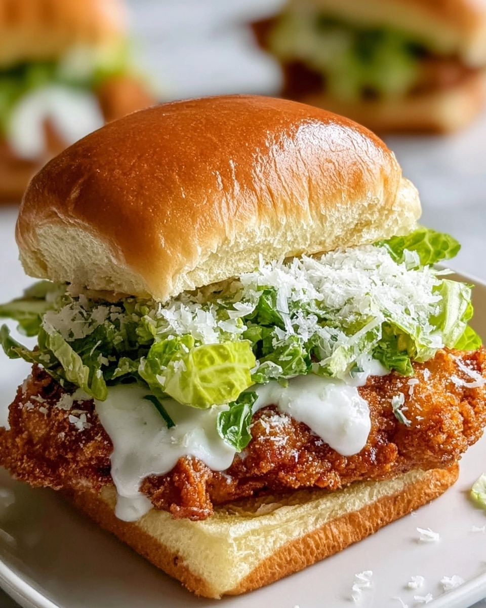 The image shows a close-up of a sandwich with three main layers. The bottom layer is a soft, golden brown bun with a smooth texture. On top of the bun is a crispy brown fried chicken piece with a rough crunchy surface. Above the chicken is a white, creamy sauce that is slightly melted and drips down the sides. Shredded green lettuce with a fresh, leafy texture lies on the sauce. The sandwich is topped with another soft, golden brown bun, slightly shiny from light reflection. The background is a white marbled texture, and more sandwiches are softly blurred behind the main one. Photo taken with an iphone --ar 4:5 --v 7
