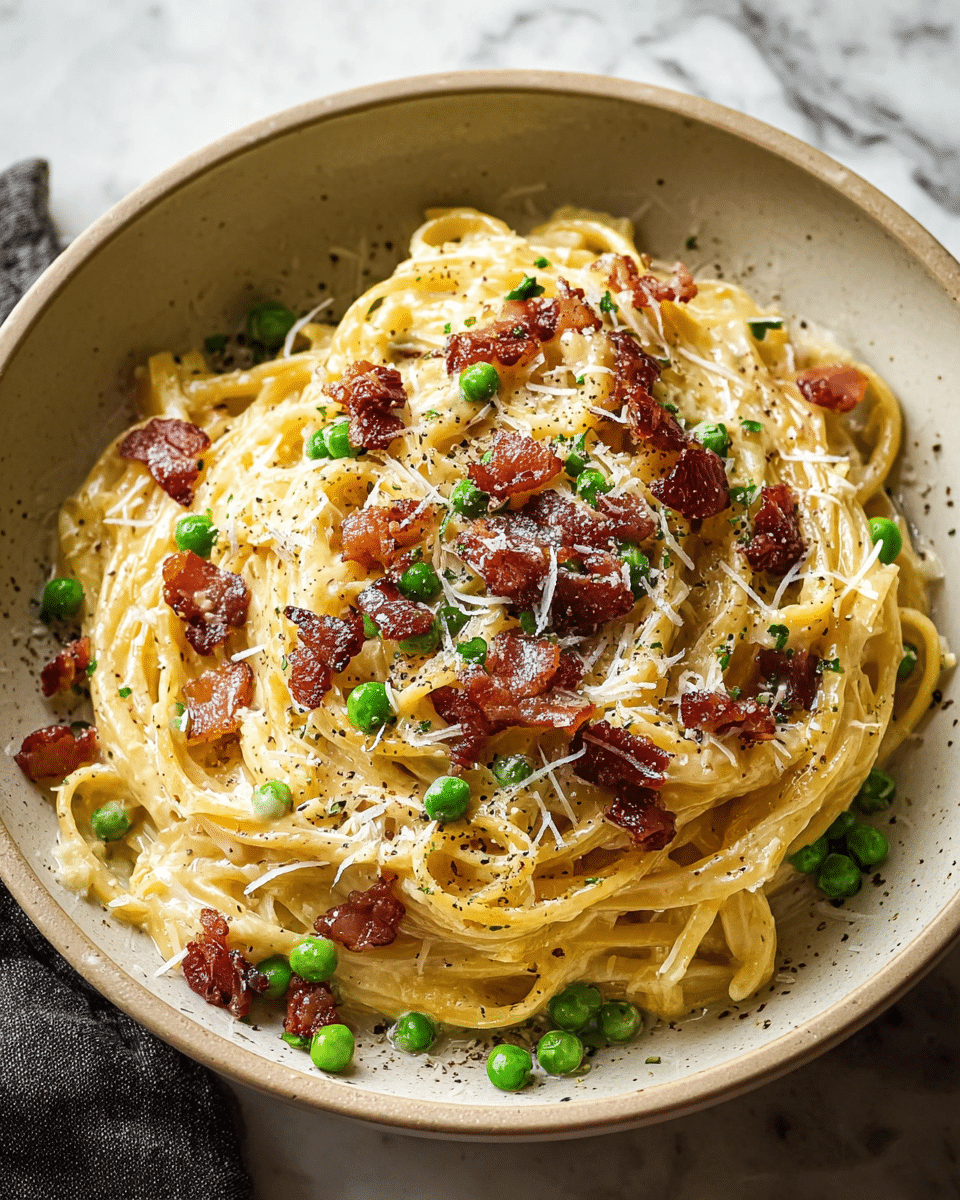 A plate of creamy fettuccine pasta forms the base layer with its smooth, rich light yellow sauce coating the noodles evenly in a circular pile. On top, scattered crispy bacon pieces add texture and deep brown-red color, contrasting with bright green peas sprinkled throughout. Fine white shreds of cheese are spread lightly over the entire dish, catching the light. The plate is white and sits on a white marbled surface, with a soft cloth partially visible nearby. photo taken with an iphone --ar 4:5 --v 7