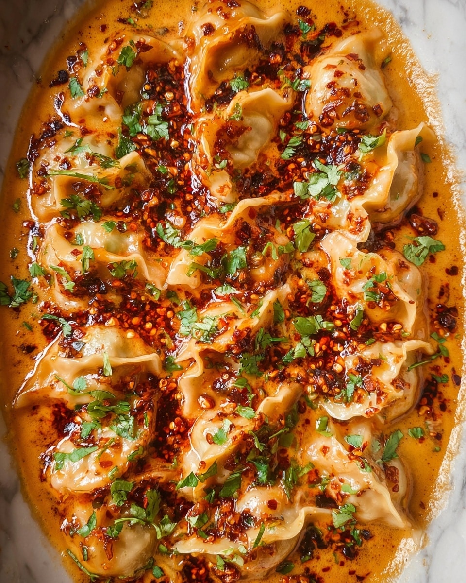 This image shows a close-up of about a dozen dumplings in a creamy orange broth, arranged in an uneven grid. Each dumpling is a pale beige with soft folds and is topped with dark brown chili flakes mixed with tiny white sesame seeds, dripping slightly into the broth. The broth is thick and smooth with visible bubbles and an oily red sheen in spots. There are small green herb pieces, likely cilantro, scattered over the dumplings and broth, adding a fresh contrast. The scene has a warm and rich feel, with textures ranging from the smooth liquid to the slightly crisp dumpling edges and crunchy toppings. Photo taken with an iphone --ar 4:5 --v 7