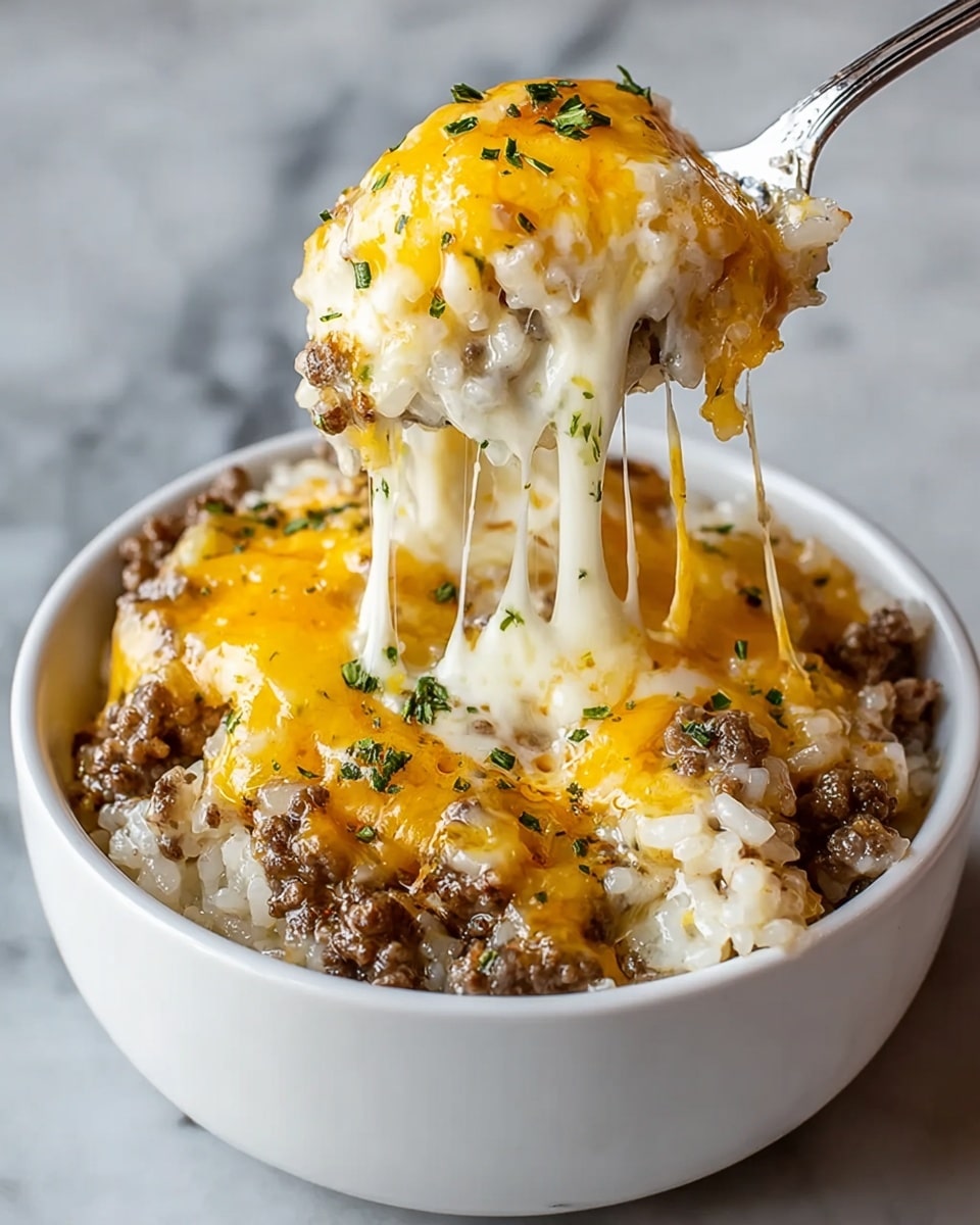 A white bowl filled with a creamy layered dish featuring three distinct layers: the bottom layer is soft white rice mixed with small chunks of browned ground meat, the middle layer is thick, melted white cheese that stretches as a spoon lifts a portion, and the top layer is a golden-yellow melted cheese sprinkled with small bits of green herbs. The dish is set on a white marbled surface. photo taken with an iphone --ar 4:5 --v 7