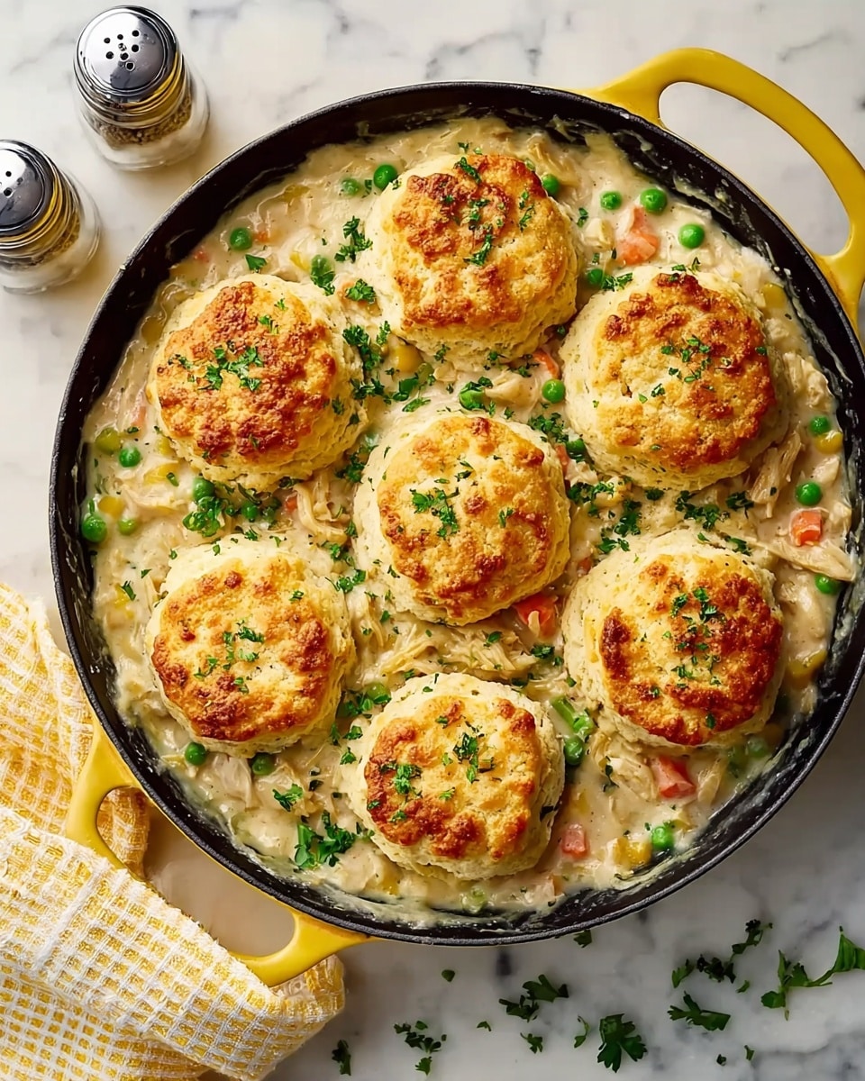 A cast-iron skillet filled with seven golden-brown biscuits sitting on top of a creamy chicken and vegetable stew, which has visible chunks of shredded white chicken, green peas, and orange carrot pieces mixed in a thick white sauce with green herb sprinkles throughout. The skillet has a yellow handle resting on a white marbled surface, with a yellow and white checkered cloth partially under it and two silver shakers next to fresh green parsley leaves nearby. The biscuits are fluffy with textured tops and slightly browned edges. Photo taken with an iphone --ar 4:5 --v 7