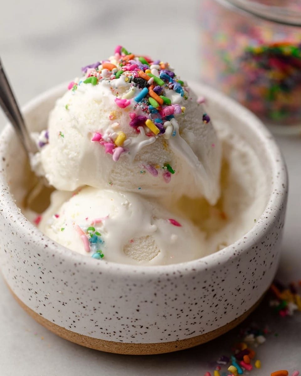 A scoop of creamy white ice cream sits in a white speckled bowl with a brown rim, topped with colorful sprinkles in shapes like stars and small rods in bright colors such as pink, blue, yellow, purple, green, and black. The ice cream looks smooth and soft with slightly melting edges, and the bowl is placed on a white marbled surface. Photo taken with an iphone --ar 4:5 --v 7