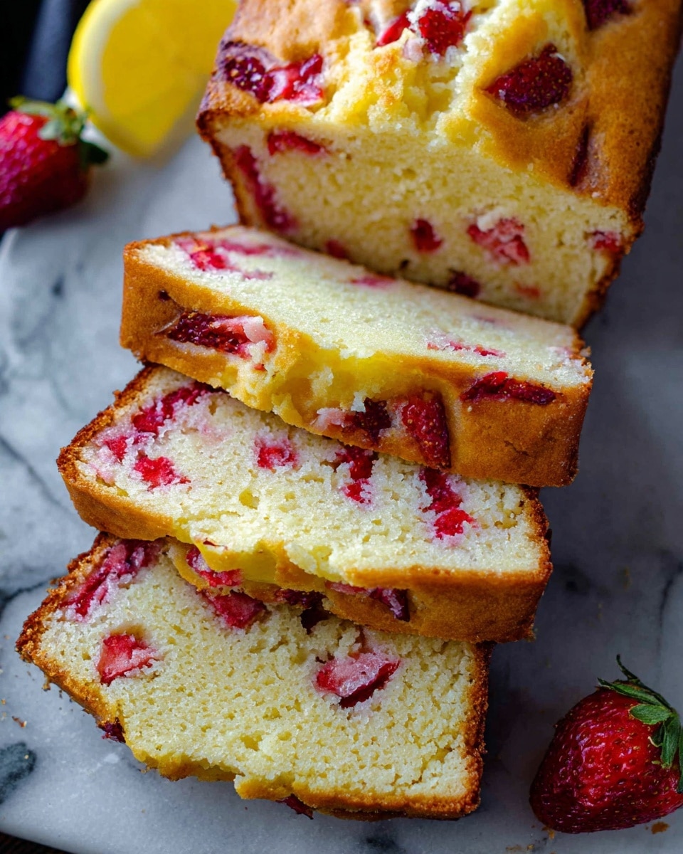 The image shows five slices of strawberry cake arranged in a slightly overlapping stack on a white marbled surface. The cake has a golden-brown crust with visible pieces of red strawberry embedded throughout. Each slice reveals a moist, light yellow inside with specks of strawberries that create a textured look. On the top slice, large strawberry pieces are more prominent, showing bright red color and soft texture. To the right side of the slices, part of a yellow lemon and a whole red strawberry are partially visible. A serrated knife with a white handle lies near the cake. The photo taken with an iphone --ar 4:5 --v 7