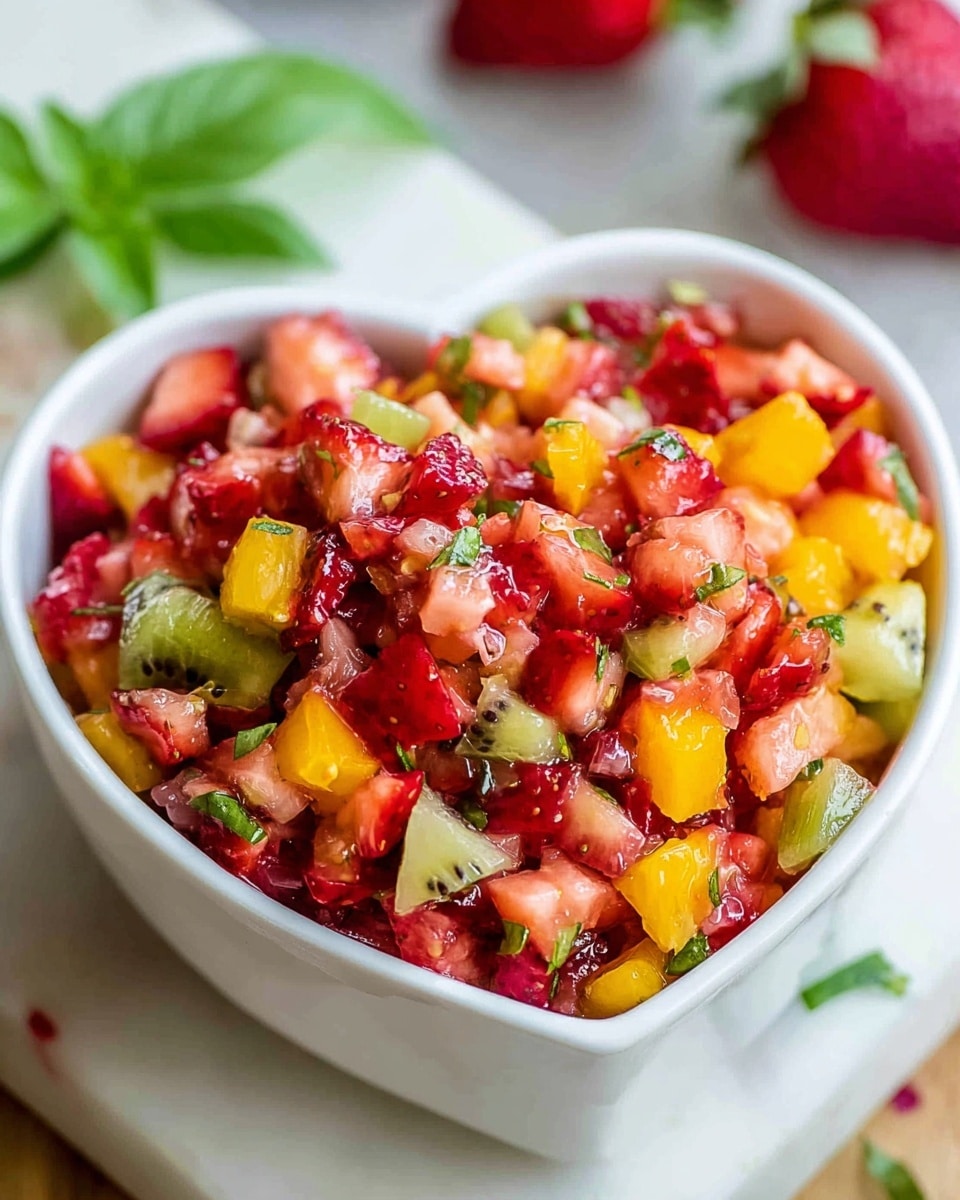 A white bowl filled with finely chopped fruit salsa containing three visible layers of mixed colors and textures: at the bottom, bright red chopped strawberries; in the middle, small cubes of yellow fruit like mango or peach; and scattered throughout, green pieces that look like kiwi or similar fruit, all mixed with tiny green herb bits and a moist, juicy texture that makes the pieces shine. The bowl is placed on a white marbled surface with a slightly blurred background of some strawberries and green leaves. Photo taken with an iphone --ar 4:5 --v 7