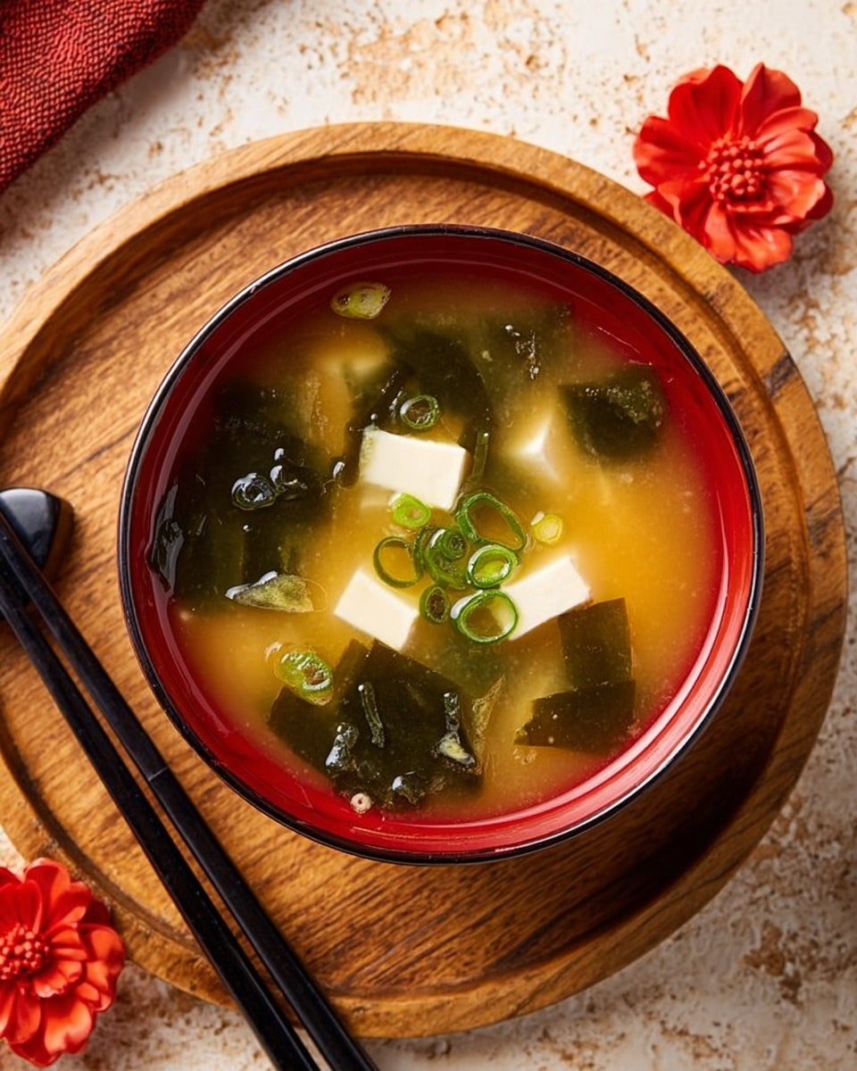 A close-up of a bowl of miso soup in a white bowl with a red rim, placed on a round wooden tray on a white marbled surface. The soup is light golden-brown with clear broth and contains small cubes of white tofu, dark green seaweed pieces, and thinly sliced green onions floating on the surface. A pair of dark wooden chopsticks and a small red flower-shaped soy sauce dish are next to the bowl, all arranged on the wooden tray. Photo taken with an iphone --ar 4:5 --v 7