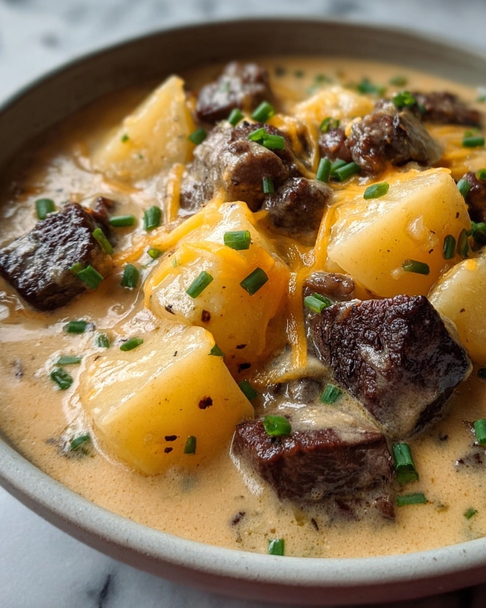 This image shows a close-up of a creamy stew served in a white bowl. The stew has several layers, with chunky pieces of browned beef and large, soft, golden-yellow potato chunks clearly visible. The creamy sauce is light beige with specks of black pepper and herbs, giving it a rich texture. Small bits of melted orange cheese are spread unevenly throughout the dish, and finely chopped green chives are sprinkled on top, adding a fresh and colorful touch. The bowl is placed on a white marbled surface, highlighting the warm tones of the stew. photo taken with an iphone --ar 4:5 --v 7