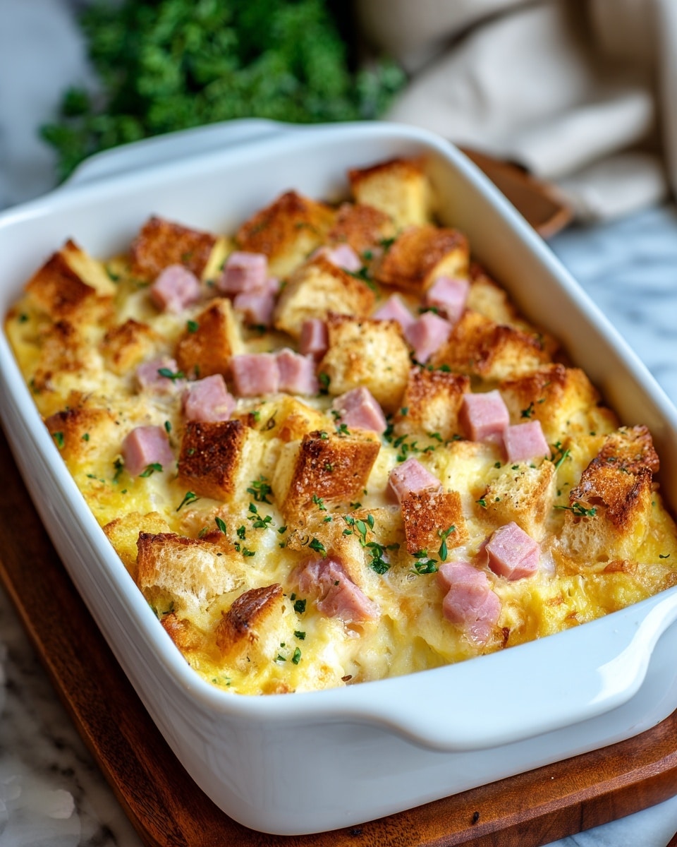 A white rectangular baking dish filled with a baked casserole showing about three layers: the top layer consists of golden-brown toasted bread cubes with crispy edges, scattered pieces of pink ham, and small green herbs sprinkled across; beneath that is a creamy yellow cheese and egg mixture that looks soft and slightly puffed; the bottom layer is not fully visible but appears to be soaked bread or custard base holding it all together. The dish sits on a wooden board with some green herbs slightly blurred in the background, all placed on a white marbled texture surface. photo taken with an iphone --ar 4:5 --v 7