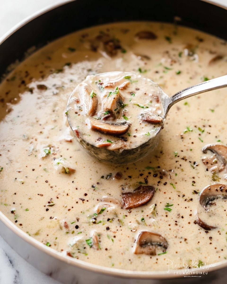 The image shows a thick, creamy mushroom soup inside a black pot. The soup has a smooth, light beige base with visible chunks of soft, cooked mushrooms in darker brown shades and small pieces of translucent onions. Specks of black pepper and finely chopped green herbs are scattered throughout, adding color contrast. A shiny silver spoon is scooping part of the soup, highlighting the creamy texture and mushroom slices. The background is a white marbled texture. photo taken with an iphone --ar 4:5 --v 7