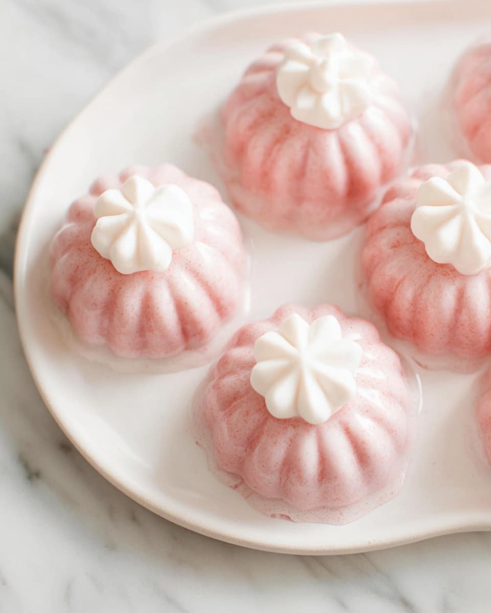 This image shows six small, round pink cakes with a soft, smooth texture arranged on a white rectangular plate. Each cake has a flower-like white cream topping with petal shapes spread evenly around the center. The pink base looks slightly translucent and shiny, giving it a jelly-like appearance. The cakes are spaced evenly on the plate which sits on a white marbled surface. photo taken with an iphone --ar 4:5 --v 7