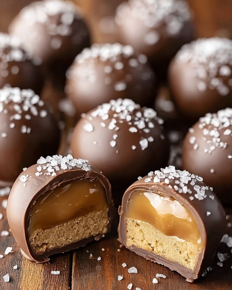 The image shows several smooth, round chocolate truffles with a light sprinkling of coarse white salt on top, placed on a wooden surface. One truffle in the front is cut in half, revealing three distinct layers inside: a glossy milk chocolate outer shell, a thick caramel middle layer with a shiny, sticky texture, and a crumbly, light brown base layer that looks soft and rich. The truffles are arranged in a loose cluster, with the focus on the cut one in the front and blurred truffles in the background. The surface beneath them is a white marbled texture. Photo taken with an iphone --ar 4:5 --v 7