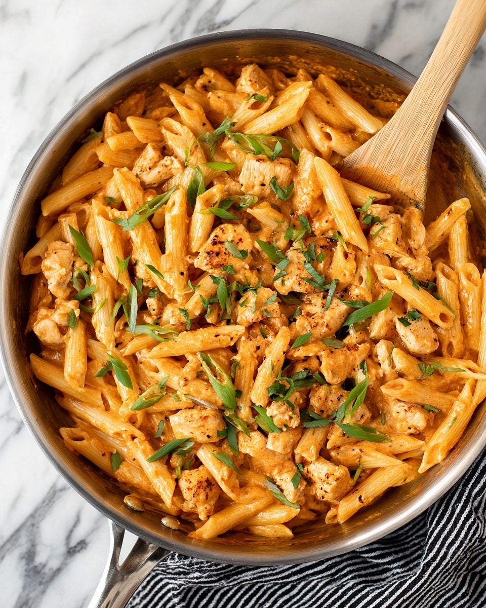 A silver pan filled with a creamy pasta dish, showing penne pasta coated in a light orange sauce mixed with chunks of browned chicken. Fresh green chopped herbs or scallions are sprinkled over the top, adding bright green spots across the dish. A wooden spoon is partially stirring the pasta, resting inside the pan. The pan sits on a white marbled surface with a folded black and white striped cloth beside it. photo taken with an iphone --ar 4:5 --v 7