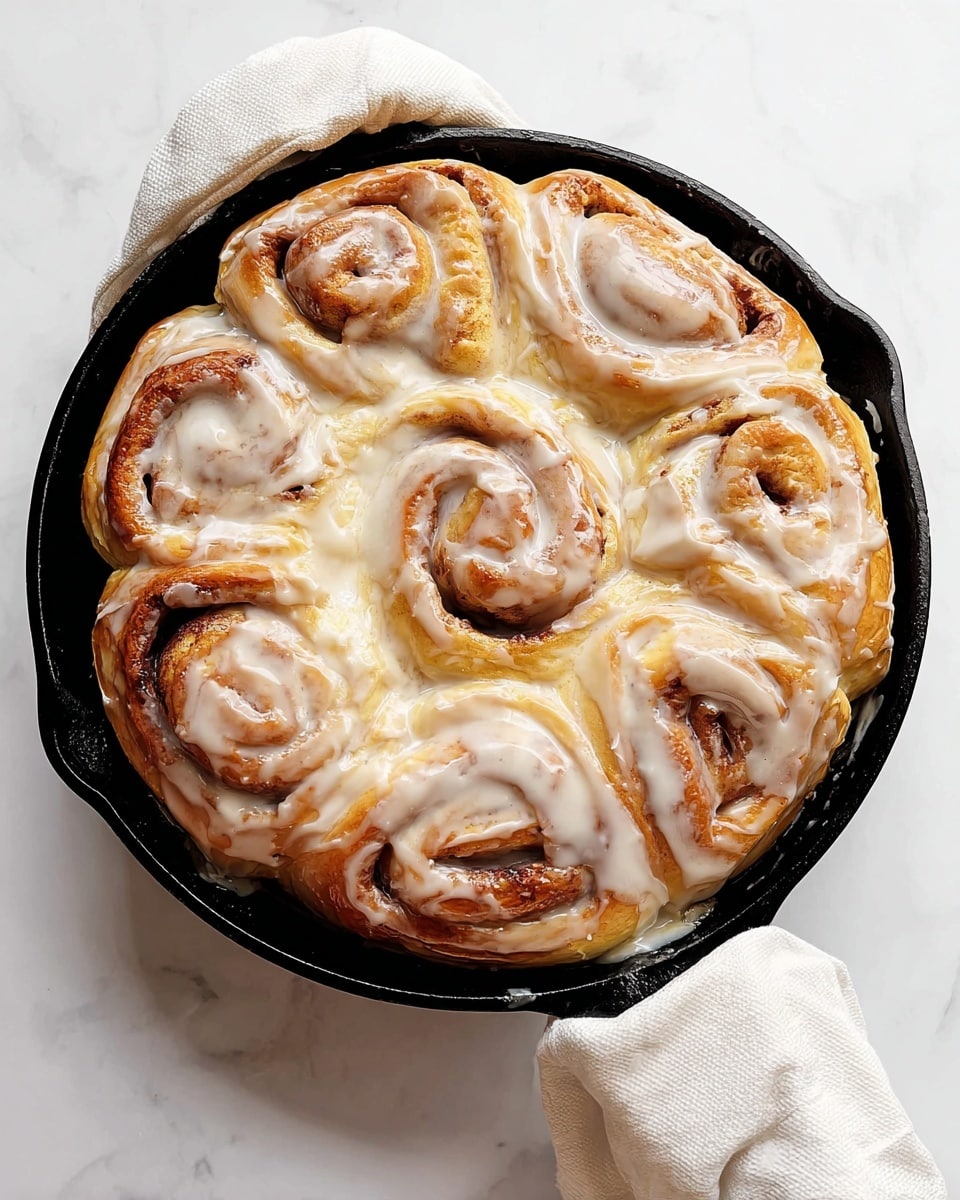 A large cinnamon roll sits in a black cast iron skillet wrapped with a white cloth around its handle, placed on a white marbled surface. The cinnamon roll is made of multiple thick, spiral layers of golden brown dough, each folded with visible cinnamon swirls. The whole roll is generously covered and dripping with smooth, white glaze that pools slightly in the skillet and highlights the creases and texture of the dough. The glaze has a shiny, creamy texture spreading evenly over the top and down the sides of the roll. Photo taken with an iphone --ar 4:5 --v 7