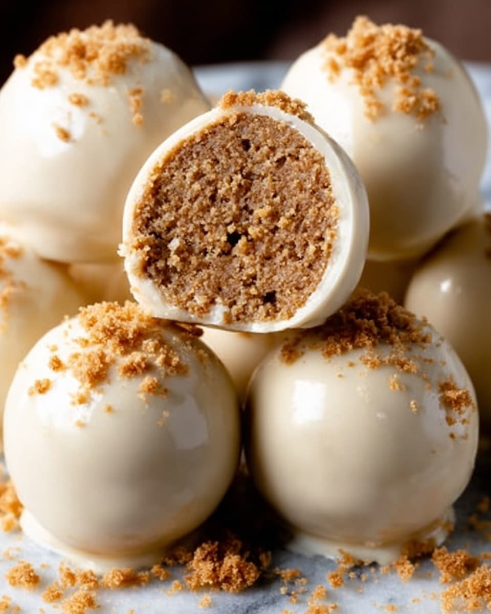 The image shows six round cake balls with smooth, white coatings. One of the cake balls is cut in half, revealing a dense, crumbly brown cake inside. The white coating looks creamy and slightly shiny, with small brown crumbs sprinkled on top and around the cake balls. They are placed on a white marbled surface, which highlights the contrast between the white coating and the brown interior. The cake balls look soft and rich, with a mix of smooth and crumbly textures. Photo taken with an iphone --ar 4:5 --v 7