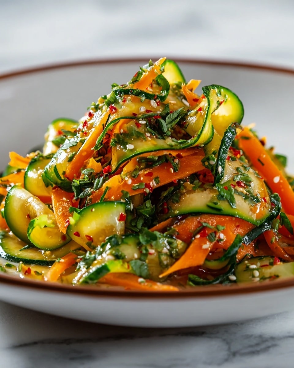 A plate holds a colorful salad made of thin, curled slices of green zucchini and orange carrot, arranged in a loose mound with the slices overlapping each other. The vegetables look fresh and glossy, coated with small seeds, likely sesame, and sprinkled with finely chopped green herbs and tiny red chili flakes that add texture and color. The plate is white with a thin brown rim, set against a white marbled surface. The lighting highlights the fresh, crisp texture of the vegetables, creating a vibrant and appetizing look. Photo taken with an iphone --ar 4:5 --v 7