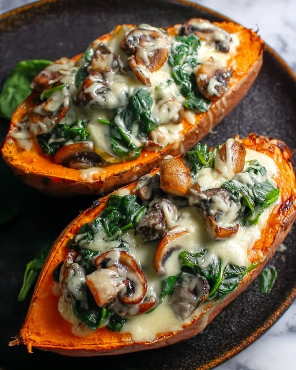 The image shows two halves of a roasted sweet potato placed on a white plate, resting on a white marbled surface. Each sweet potato half is filled with a creamy mixture that covers the center, topped with sautéed mushroom slices that are light brown with a slightly glossy texture. Beneath the mushrooms, there are visible green spinach leaves mixed into the creamy sauce, which has a smooth, slightly melted cheese appearance. The sweet potato flesh is bright orange and soft-looking, with a slightly wrinkled skin around the edges. Photo taken with an iphone --ar 4:5 --v 7