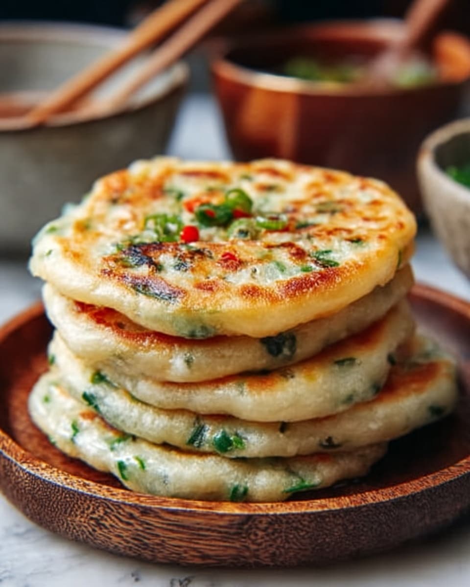 A stack of four round pancakes placed on a white plate, each pancake showing golden brown spots with green onion slices embedded throughout the light beige dough. The pancakes have slightly crisp edges and soft, fluffy centers. The plate sits on a white marbled surface with a blurred background of bowls with food. The image has warm lighting, making the pancakes look fresh and appetizing. Photo taken with an iphone --ar 4:5 --v 7