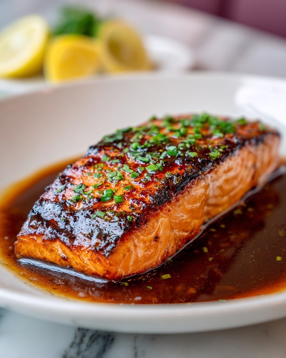 A close-up of one thick grilled salmon fillet with a shiny, caramelized golden-brown top layer, marked with dark grill lines, and sprinkled with finely chopped green herbs. The salmon's bottom layer shows its natural light pink color, sitting in a small pool of glossy brown sauce. Around the edges, the texture looks moist and tender with some light charring. In the background, blurred lemon wedges are partly visible on a white marbled surface. Photo taken with an iphone --ar 4:5 --v 7