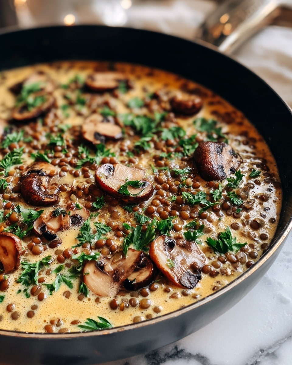 A close-up view of a creamy dish in a black pan filled with a rich, light beige sauce mixed with slices of brown mushrooms and small round lentils scattered throughout. Bright green parsley leaves are sprinkled on top, adding a fresh contrast to the creamy texture. The pan sits on a white marbled surface with a blurred background, highlighting the dish's warm, hearty appearance. photo taken with an iphone --ar 4:5 --v 7
