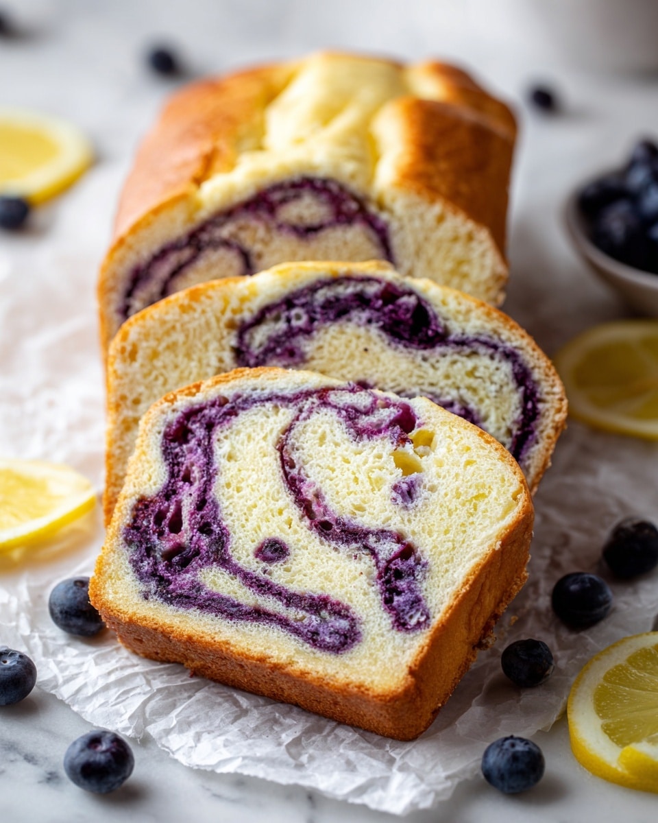 The image shows two slices of bread with a light golden crust and soft, fluffy inside, swirled with deep purple blueberry fillings spread evenly through three to four layers within the bread. The bread's texture looks airy with irregular holes, and the blueberry filling creates spots of dark blue and purple. The slices rest on crumpled white paper, with a couple of fresh blueberries placed around them. To the left, there is half a lemon cut showing bright yellow flesh and on the right side, slices of lemon with their translucent pale yellow layers are arranged neatly on a white marbled surface. photo taken with an iphone --ar 4:5 --v 7