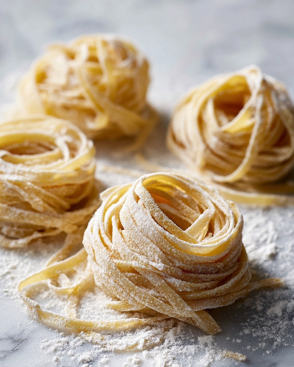 The image shows four nests of fresh pasta dough arranged on a white marbled surface dusted lightly with flour. Each pasta nest is light beige in color with smooth, slightly shiny ribbons that twist and coil tightly into a round shape, creating a layered texture that looks soft and fresh. The nest in the front is in focus, showing a dusting of flour on its textured surface, while the other pasta nests are out of focus in the background, adding depth to the scene. The overall look is clean and delicate, highlighting the softness and freshness of the pasta. Photo taken with an iphone --ar 4:5 --v 7