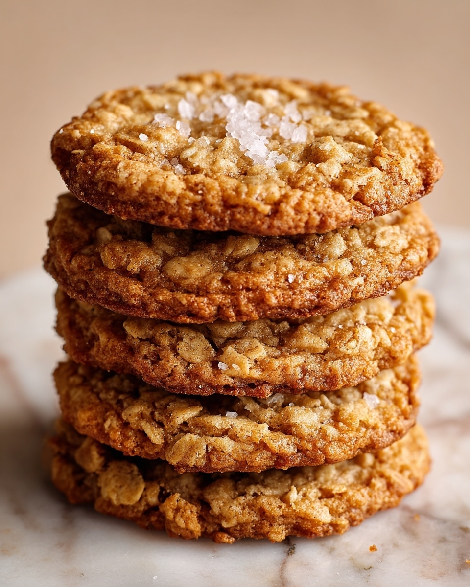 A stack of five golden brown oatmeal cookies with a rough, crumbly texture sits on a white marbled surface. Each cookie is thick and uneven, showing small chunks of oats and a slightly crisp edge. The top cookie is sprinkled with coarse sea salt crystals, adding a shiny contrast to the warm, toasted oats. The cookies are closely stacked, creating visible layers with some oats sticking out on the sides. photo taken with an iphone --ar 4:5 --v 7