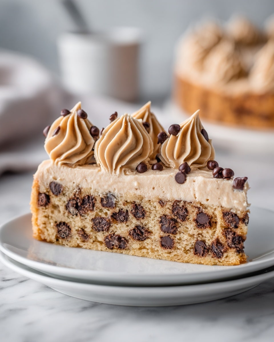A slice of chocolate chip cookie cake sits on a white plate on a white marbled surface. The cookie cake slice is thick with a golden brown bottom layer filled with many small dark chocolate chips evenly spread throughout. On top, three swirls of light tan frosting with a smooth, creamy texture are placed in a row along the back edge of the slice, each swirl standing tall and detailed. The scene is bright with soft natural light highlighting the rich texture of the cookie and the shiny smoothness of the frosting. Photo taken with an iphone --ar 4:5 --v 7