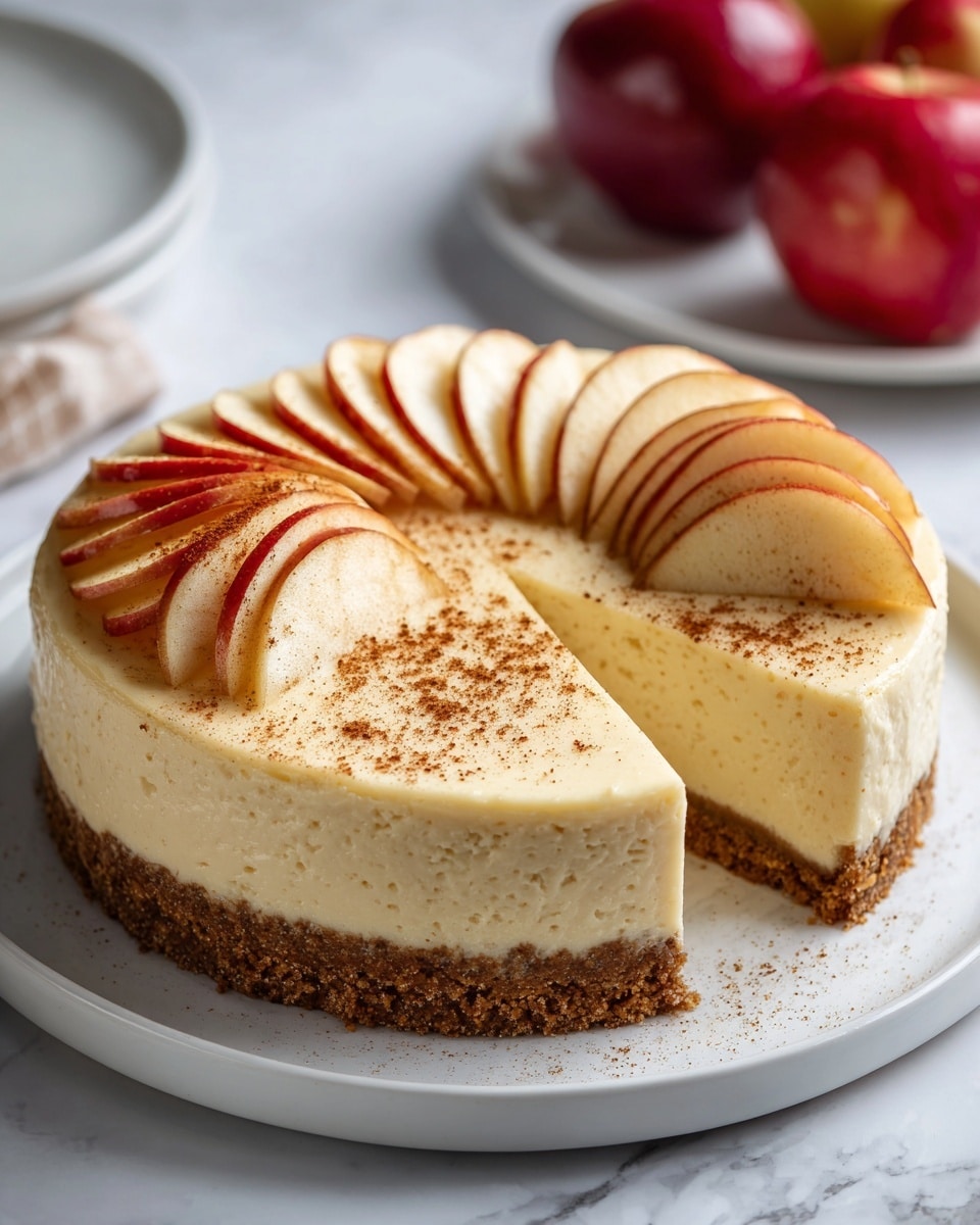 A round cheesecake with three clear layers: the bottom is a thick, crumbly brown crust, the middle is a smooth, creamy pale yellow cheesecake, and the top is decorated with a circle of thin, curved apple slices sprinkled with cinnamon, arranged neatly in a fan shape. The cake sits on a white plate set on a white marbled surface, and a slice is removed showing the creamy texture inside. In the background there are some blurred red apples. Photo taken with an iphone --ar 4:5 --v 7