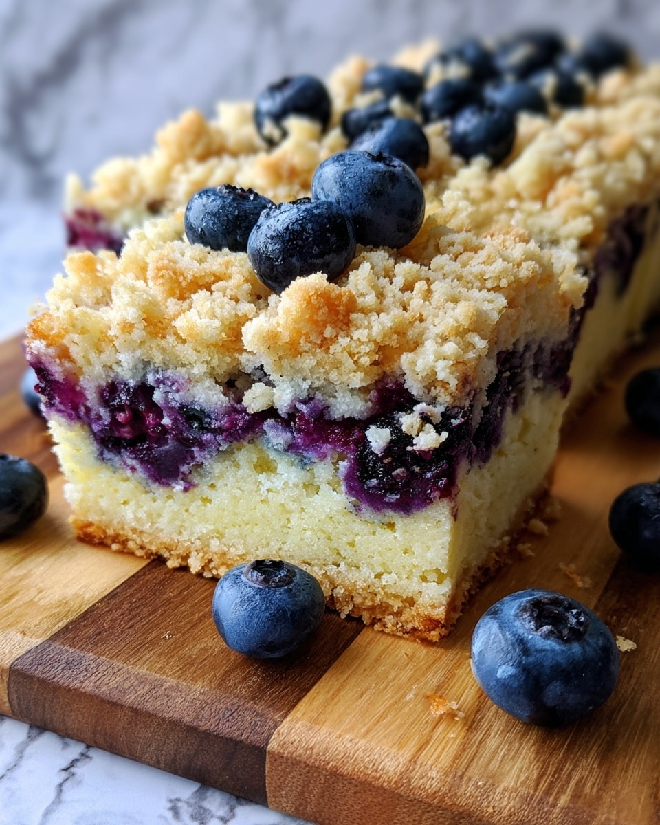 A close-up view of a rectangular blueberry crumb cake resting on a wooden board, showing three layers: the bottom layer is a light yellow, soft cake speckled with dark purple blueberries inside, the middle layer consists of scattered whole fresh blueberries sitting on top, and the top layer is a golden-brown crumb topping with a coarse, crumbly texture. Some blueberries are placed next to the cake on the wooden board, and the background is a white marbled texture. Photo taken with an iphone --ar 4:5 --v 7