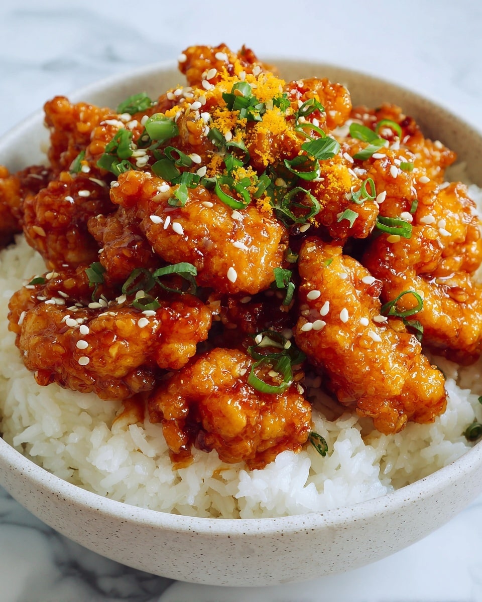 A close-up view of a white bowl filled with two main layers: the bottom layer is soft, white rice with individual grains visible, and on top lies a generous layer of golden-brown fried chicken pieces coated in a glossy, reddish-brown sauce. The chicken has a slightly crispy texture peeking through the sauce, which glistens under the light. Small white sesame seeds and finely chopped green chives are sprinkled evenly over the chicken, adding texture and color contrast. The bowl sits on a white marbled surface with a few pieces of green chives scattered around. photo taken with an iphone --ar 4:5 --v 7