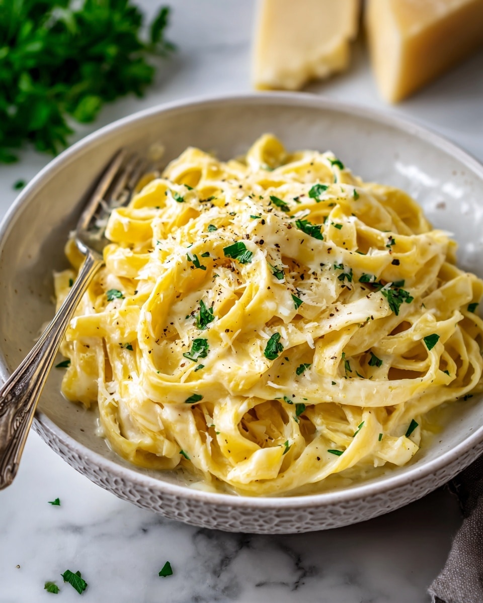 A white patterned plate holds a mound of creamy fettuccine pasta with a smooth, light yellow sauce coating each flat noodle, garnished with small green parsley pieces spread evenly on top. A silver fork rests on the left side of the plate, partly on the noodles. The plate is set on a white marbled surface with a hint of green parsley leaves in the top right corner and a small section of a yellow object in the top left. photo taken with an iphone --ar 4:5 --v 7
