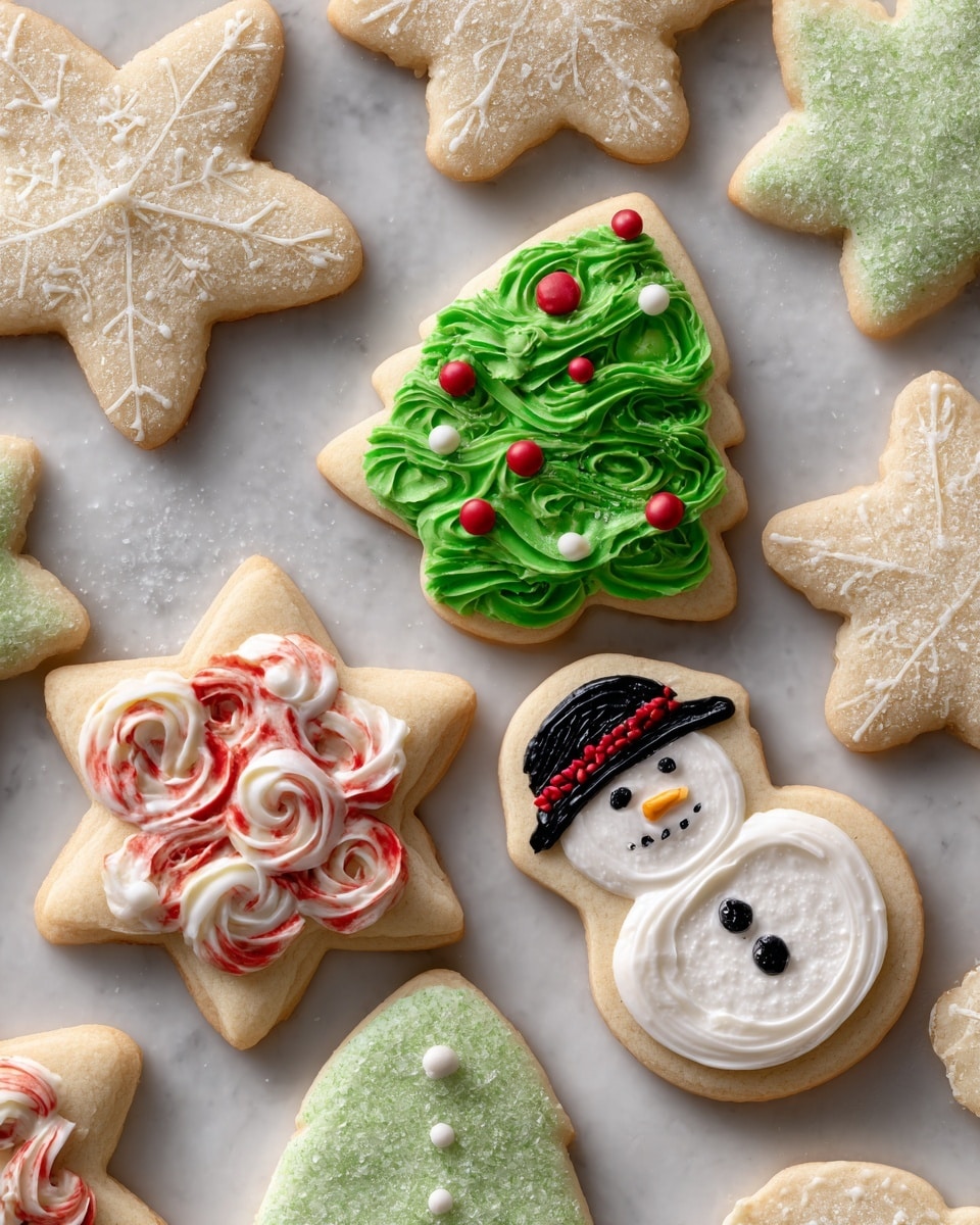 The image shows two groups of sugar cookies laid out on a white marbled surface. The top group includes plain cookies with sharp edges in shapes like stars and snowflakes, all light golden beige in color. The lower group has decorated cookies with thick layers of colorful icing: one cookie has green icing topped with small red balls, another is coated with white and red swirled icing, a snowman-shaped cookie features green icing for a hat, white icing for the face, and small black icing dots for eyes and mouth, and there are more cookies with white or green textured icing. The scene is bright and clear. Photo taken with an iphone --ar 4:5 --v 7