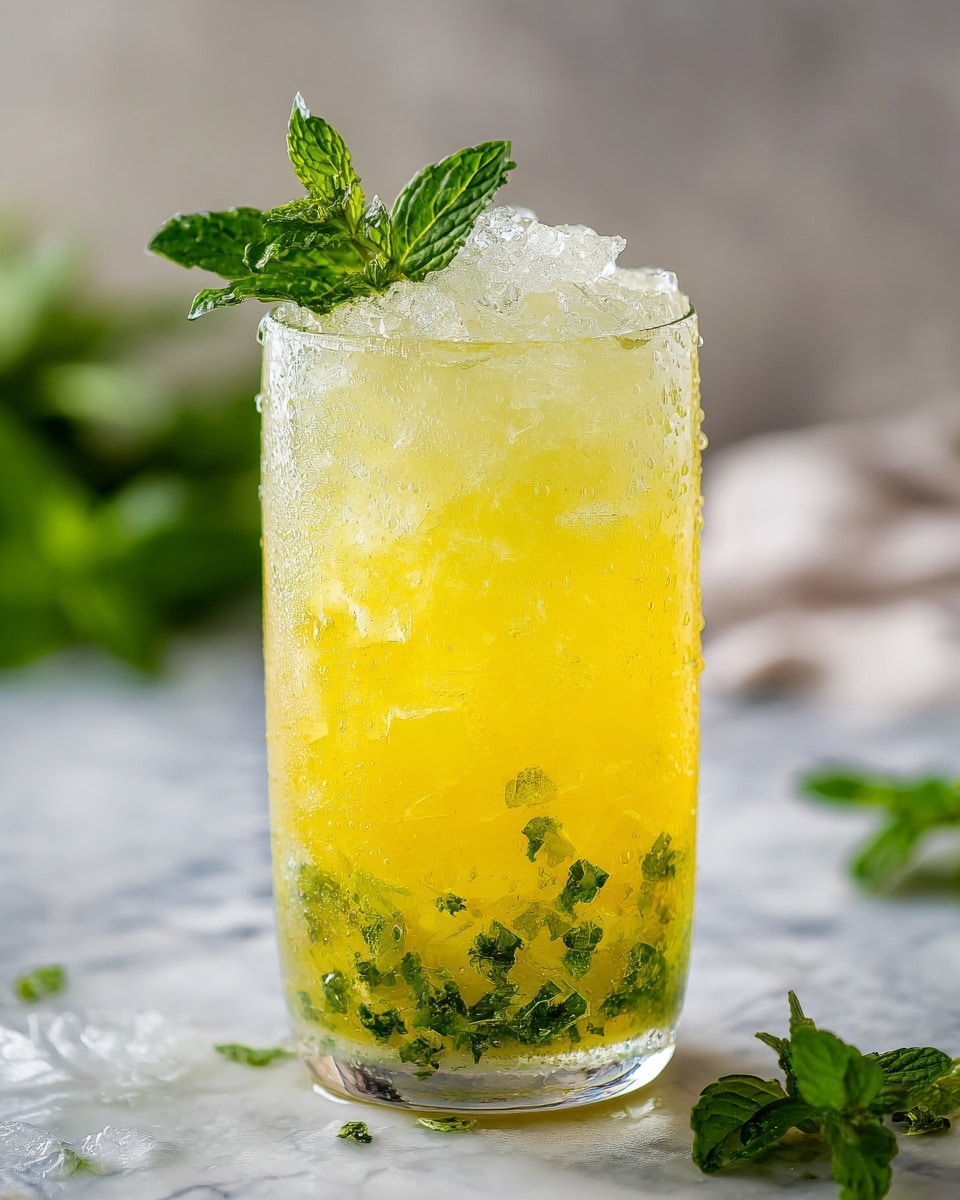 A clear glass filled with a bright yellow drink that has a thick layer of crushed ice on top. Inside the drink, there are visible small green mint leaves scattered throughout the middle and upper parts. The top of the drink has fresh green mint sprigs as garnish. The glass sits on a white marbled surface, with soft lighting that highlights the condensation on the outside of the glass. photo taken with an iphone --ar 4:5 --v 7