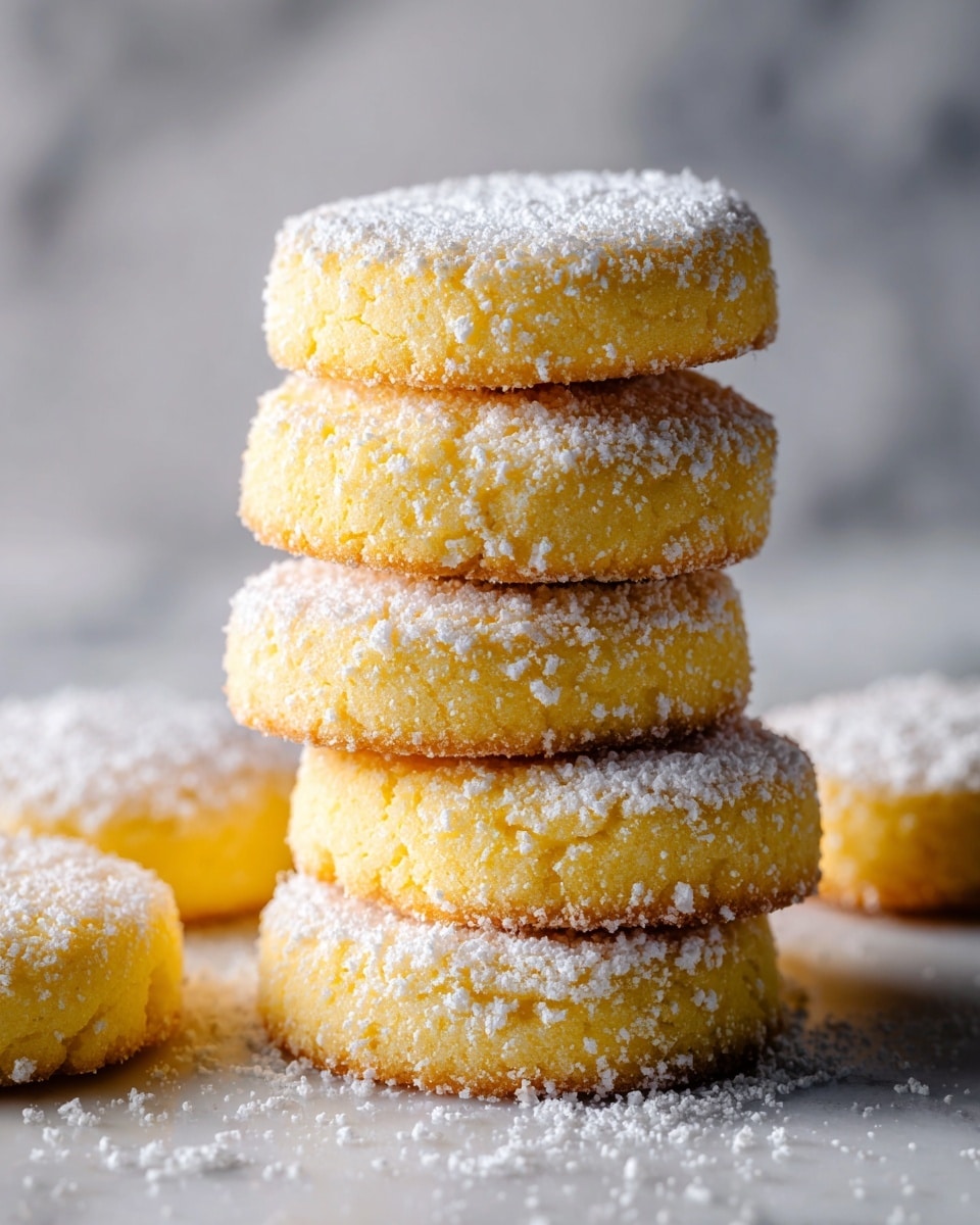 The image shows a stack of six pale yellow lemon cookies, each cookie having a slightly rough texture and a thin layer of powdered sugar on top. The cookies appear soft and crumbly, with small cracks visible on their surfaces. The stack is placed on a white marbled surface, and loose powdered sugar is lightly scattered around the base. In the background, blurred lemon slices add a hint of bright yellow color, enhancing the fresh feel of the scene. photo taken with an iphone --ar 4:5 --v 7