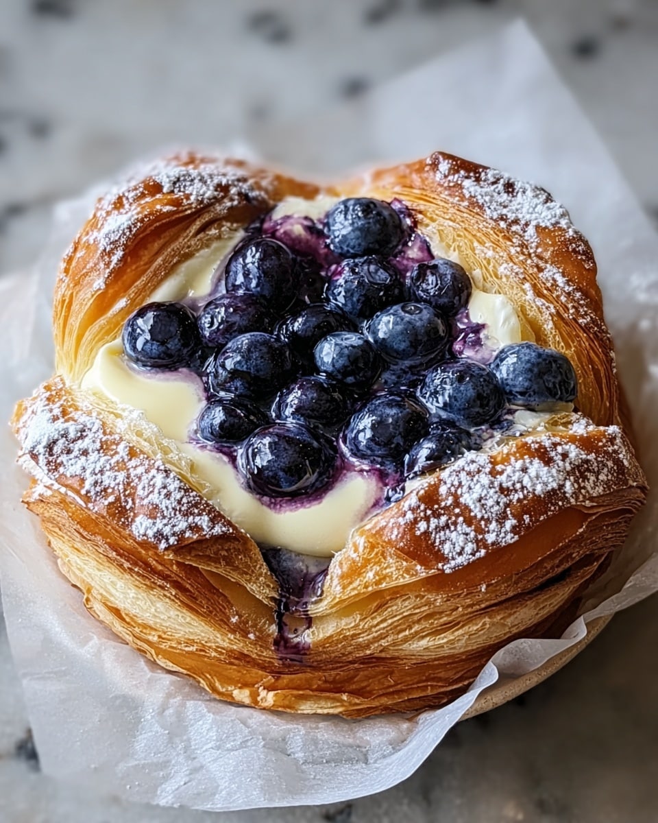 A small round pastry sits on white baking paper on a white marbled surface, with a golden brown crust that is thick and flaky, folded slightly inward to create a border around the filling. The filling is made of creamy yellow custard that looks smooth and soft, topped with a generous layer of fresh, plump blueberries that are deep blue with a glossy texture. Some blueberries are nestled into the custard while others rest more on top, with a few spots where the blueberry juice has mixed slightly with the custard, creating a purple tint. Light dusting of powdered sugar is scattered over the crust, adding a gentle white contrast to the warm crust color. photo taken with an iphone --ar 4:5 --v 7