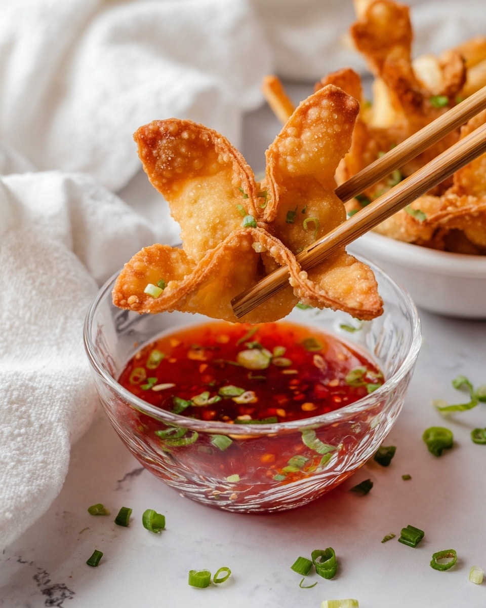 A crispy, golden-brown fried wonton shaped like a flower with five textured petals is being held by wooden chopsticks above a small clear glass bowl filled with bright red chili sauce, which has small green chopped herbs sprinkled on top and floating inside; the bowl rests on a white marbled surface with scattered green herbs around it, and there is a soft, off-white cloth draped gently in the background. photo taken with an iphone --ar 4:5 --v 7