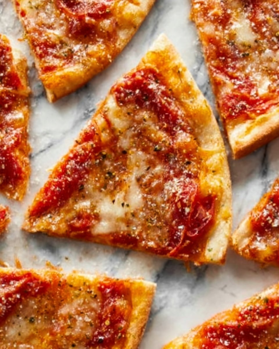 The image shows several slices of pizza with a golden-brown crust on a white marbled surface. Each slice has a layer of melted cheese that looks slightly browned and bubbly, covering a bright red tomato sauce underneath. The crust edges are thick and crispy with a light golden color, and you can see small specks of seasoning and herbs sprinkled on top. The pizza slices are cut unevenly, revealing the soft and gooey texture of the cheese. photo taken with an iphone --ar 4:5 --v 7
