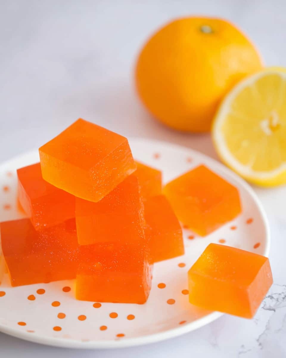 A white plate with small golden dots holds a pile of translucent orange jelly cubes stacked roughly three layers high, each cube smooth and shiny. Behind the plate, whole and halved citrus fruits including an orange and a lemon rest on a white marbled surface, creating a bright and fresh setting. Photo taken with an iphone --ar 4:5 --v 7