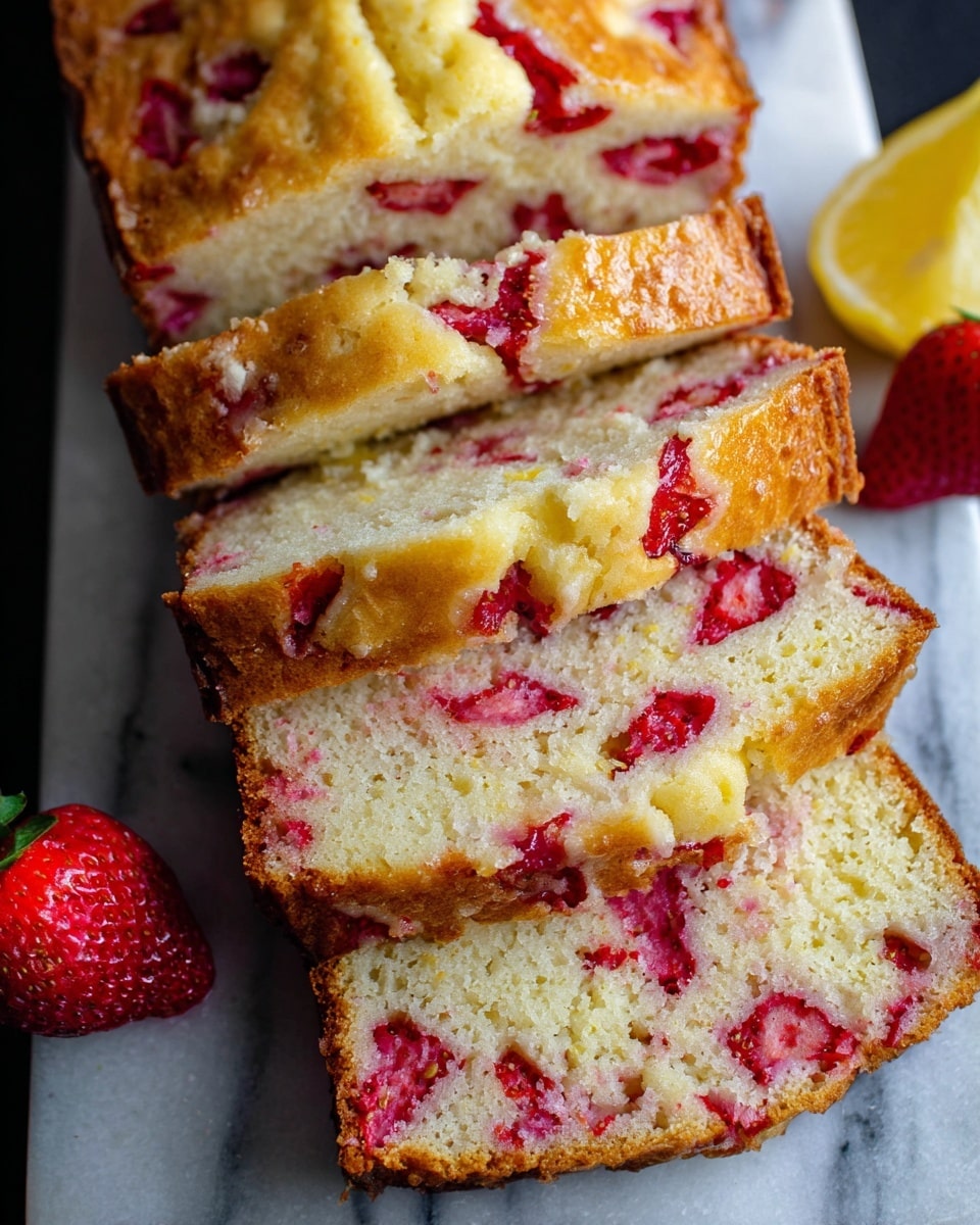 The image shows a sliced loaf cake with five visible slices stacked partly on each other. The cake has a light golden crust with pieces of bright red strawberries embedded both inside and on the surface. The inside of the cake is pale yellow with scattered red fruit bits, showing a soft, moist texture. The slices reveal a fluffy and dense texture with strawberry pieces adding bright red color contrast throughout. There is a white marbled surface under the cake, with a lemon and a strawberry placed off to the side, adding more color to the scene. photo taken with an iphone --ar 4:5 --v 7