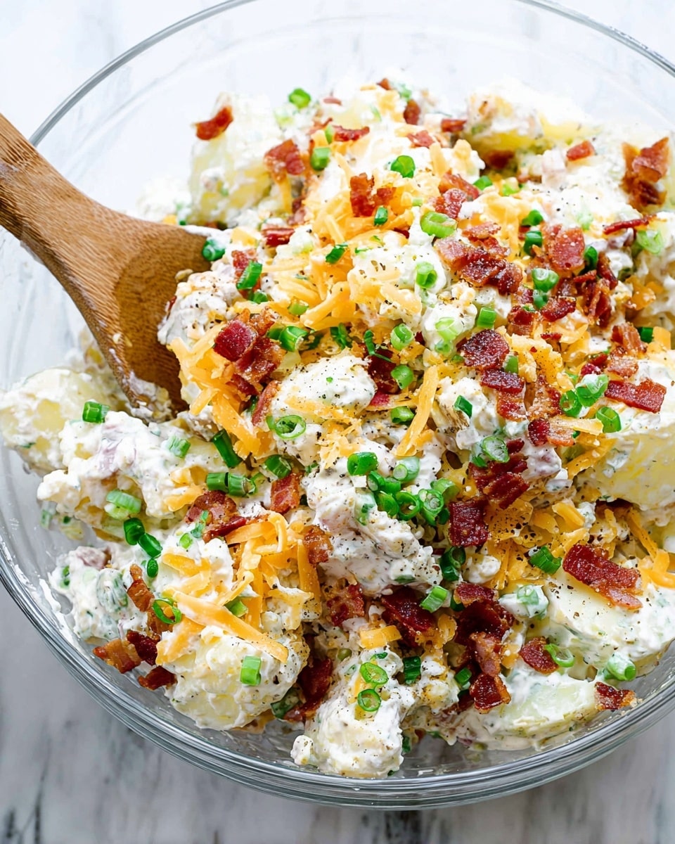 A clear glass bowl filled with a creamy potato salad, showing roughly three main layers: large white potato chunks mixed with creamy white dressing, crispy brown bacon pieces scattered throughout, and bright yellow shredded cheddar cheese mixed in; green chopped scallions are sprinkled on top, adding fresh color, with a wooden spoon partially submerged in the mix; the bowl rests on a white marbled surface photo taken with an iphone --ar 4:5 --v 7